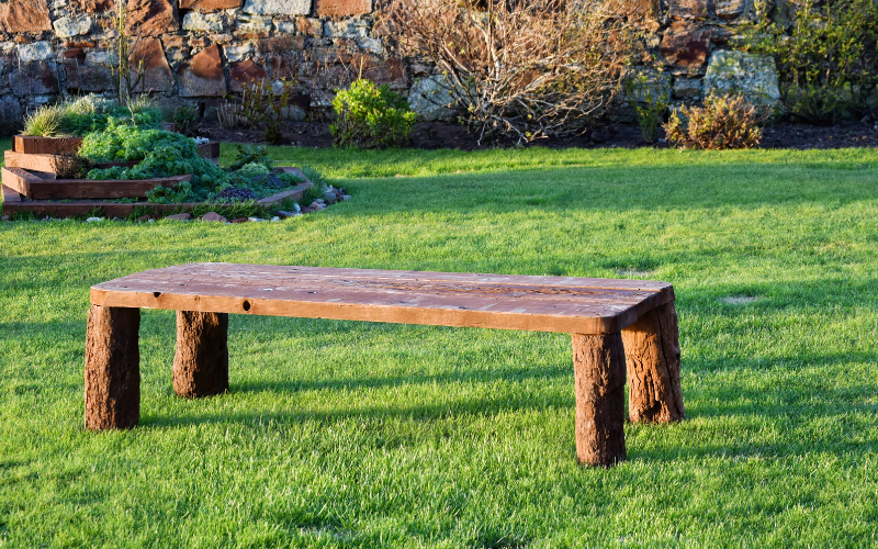 backyard grass wood bench
